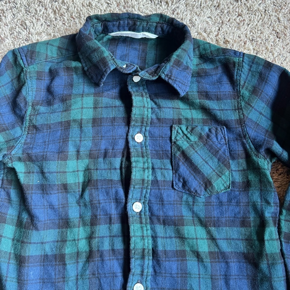 H&M Boys Kids Button Up Shirt Blue Green Flannel 6 Medium